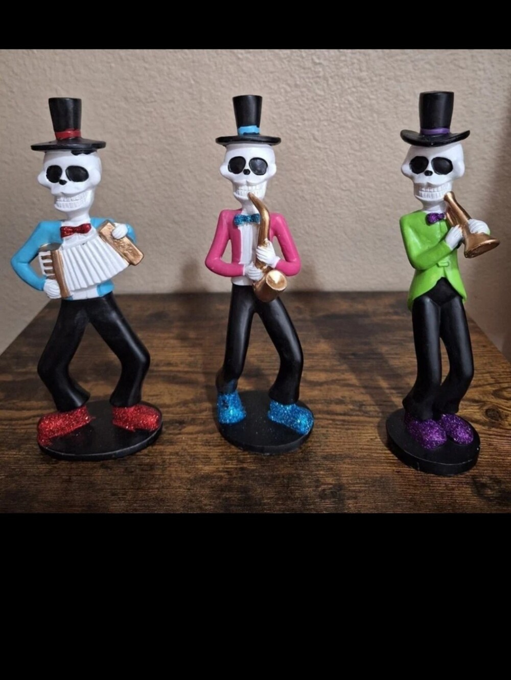 Cool Colorful Set Of 3 Day of the Dead/Dia De Los Muertos Musician Figurines